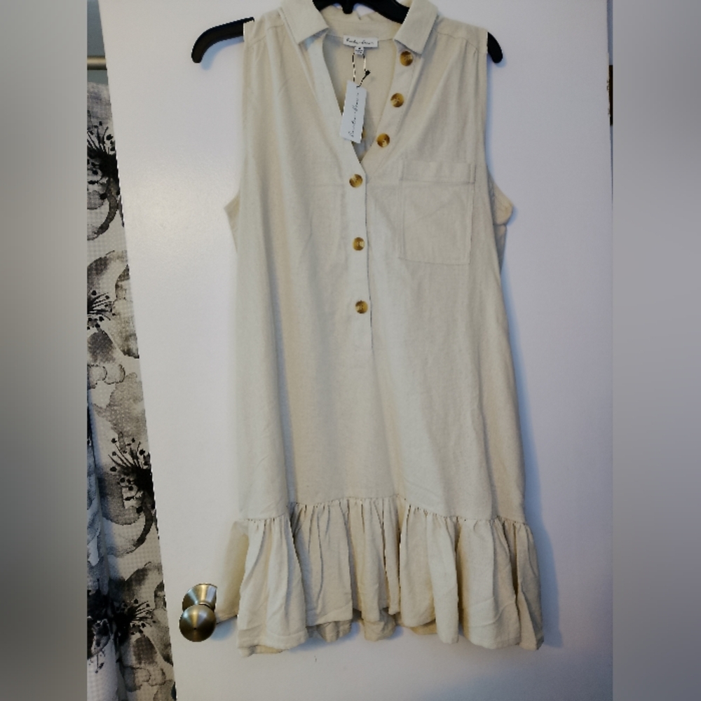 Hunter & Brown Cream Linen Dress with Ruffle Hem